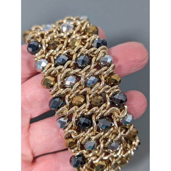 Gold Tone Chain Bracelet Faceted Gray Gold Glass Beads Evening  7 in - Picture 4 of 5